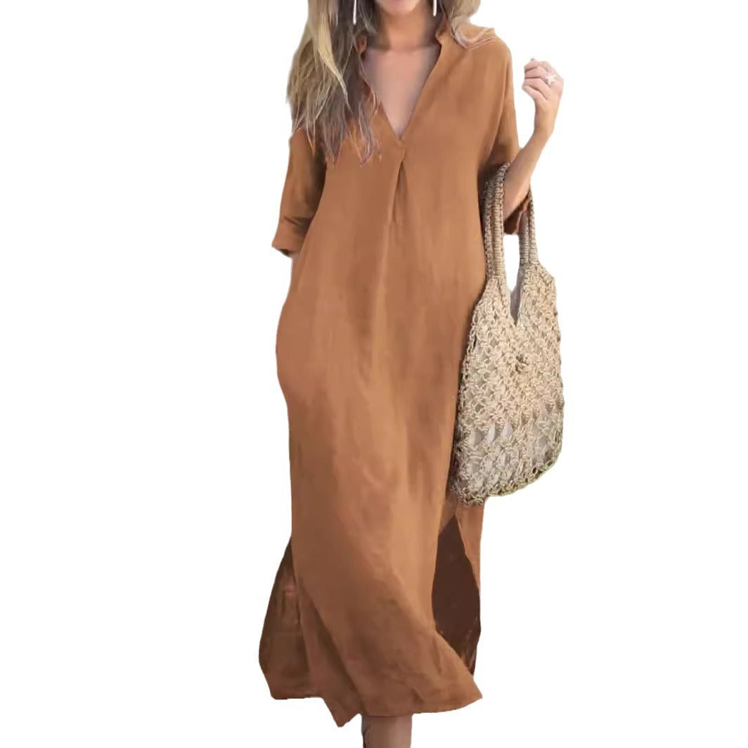 Eva | Elegantes Midi-Kleid mit gefaltetem V-Ausschnitt aus Baumwolle und Leinen