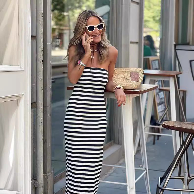 Jennifer | Elegantes Kleid mit Streifen und Schlitz