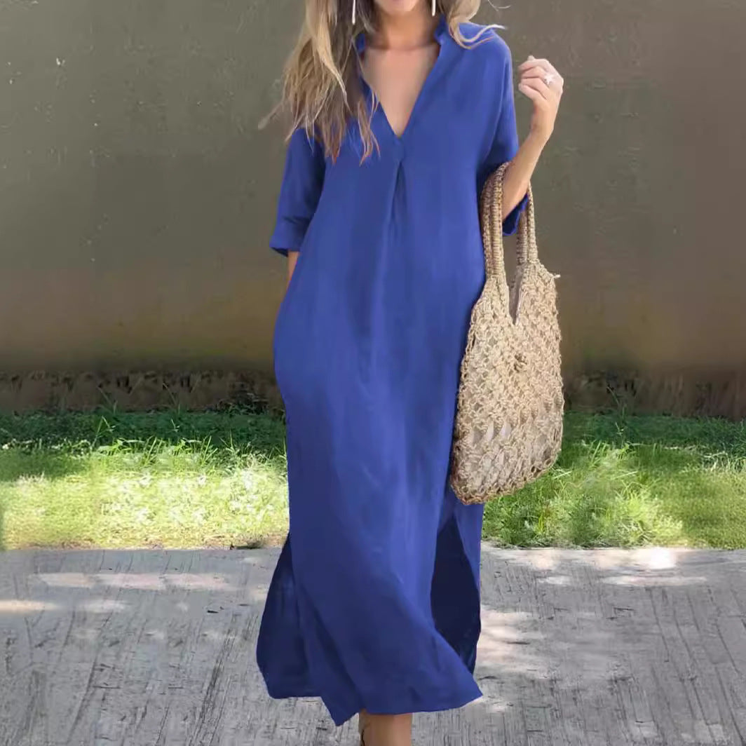 Eva | Elegantes Midi-Kleid mit gefaltetem V-Ausschnitt aus Baumwolle und Leinen