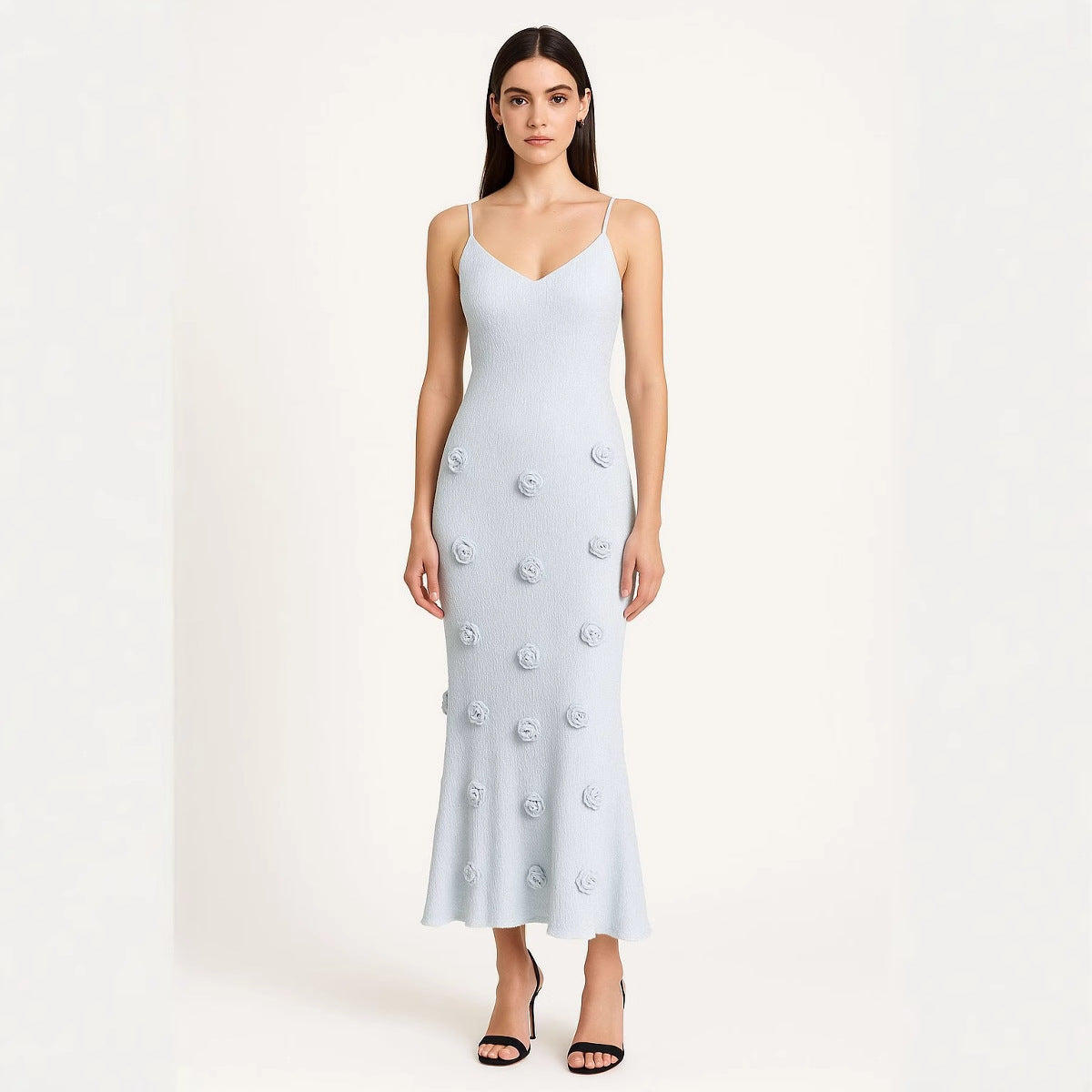 Jennifer | Elegantes Rückenauschnitt-Strickkleid mit 3D-Blumendesign