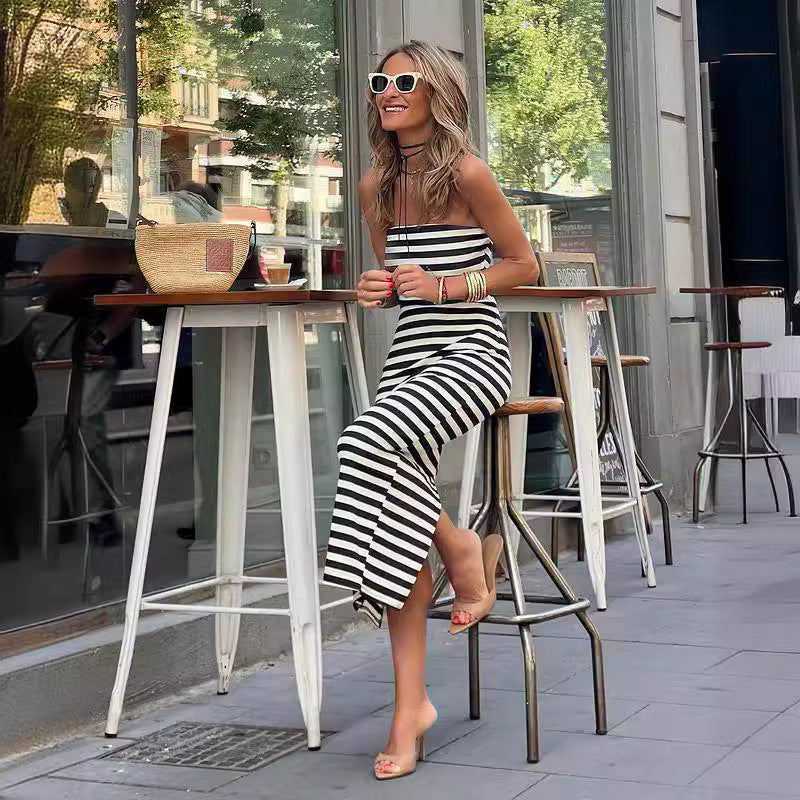 Jennifer | Elegantes Kleid mit Streifen und Schlitz