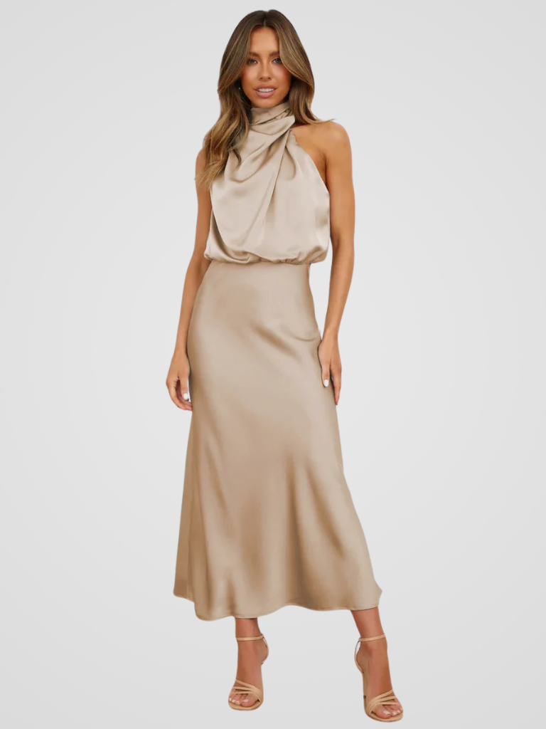 Élia | Elegantes Midi-Kleid mit Wasserfall-Ausschnitt und anmutiger Drapierung