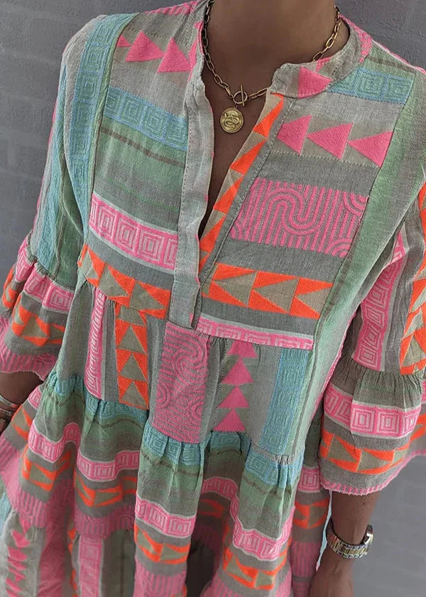 Ava - Schickes V-Ausschnitt Baumwoll-Hanf Sommerkleid