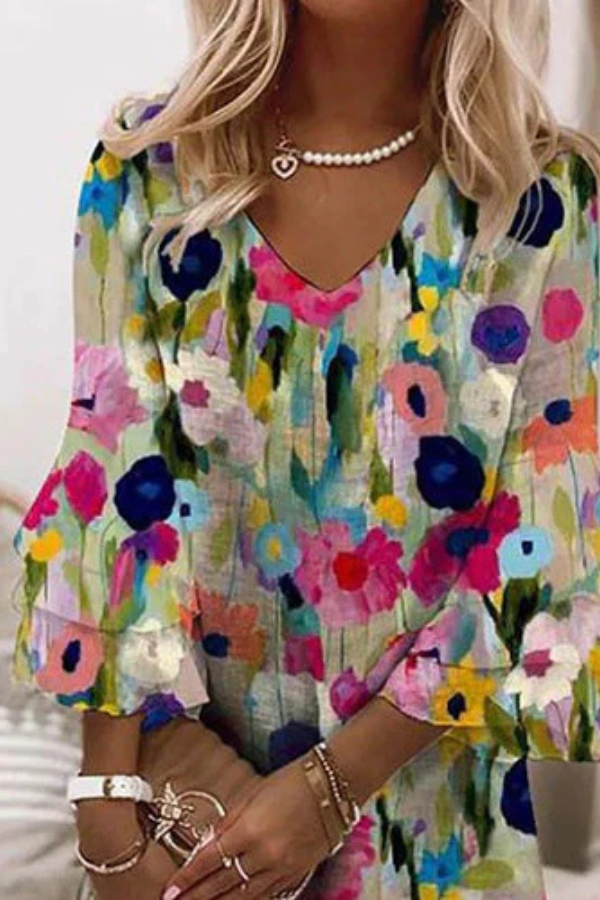 Tabitha - Romantisches Blumendruck V-Ausschnitt Mini-Kleid