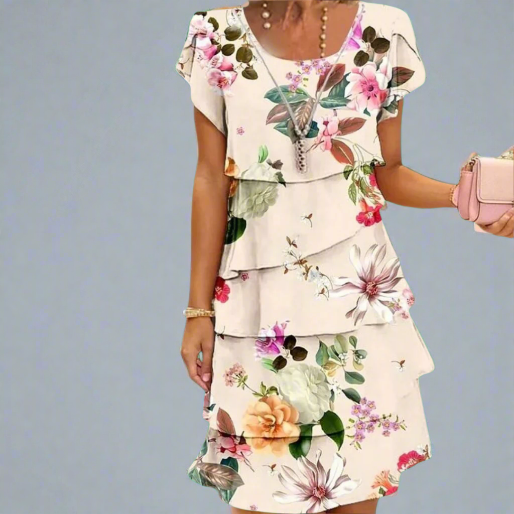 Sable | Elegantes Kleid mit Blumenmuster und kurzen Ärmeln im schichtigen Plissee-Design