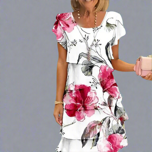 Sable | Elegantes Kleid mit Blumenmuster und kurzen Ärmeln im schichtigen Plissee-Design