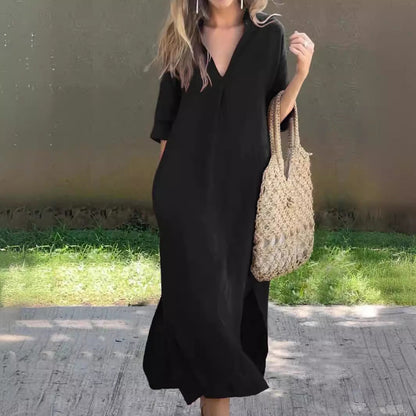 Eva | Elegantes Midi-Kleid mit gefaltetem V-Ausschnitt aus Baumwolle und Leinen
