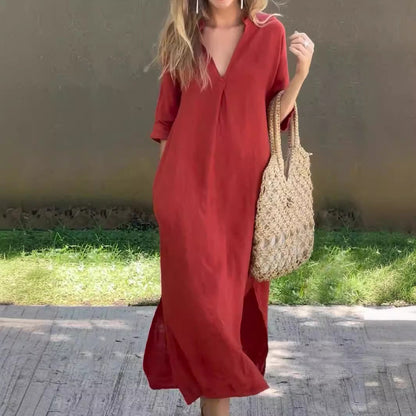 Eva | Elegantes Midi-Kleid mit gefaltetem V-Ausschnitt aus Baumwolle und Leinen