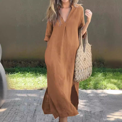Eva | Elegantes Midi-Kleid mit gefaltetem V-Ausschnitt aus Baumwolle und Leinen
