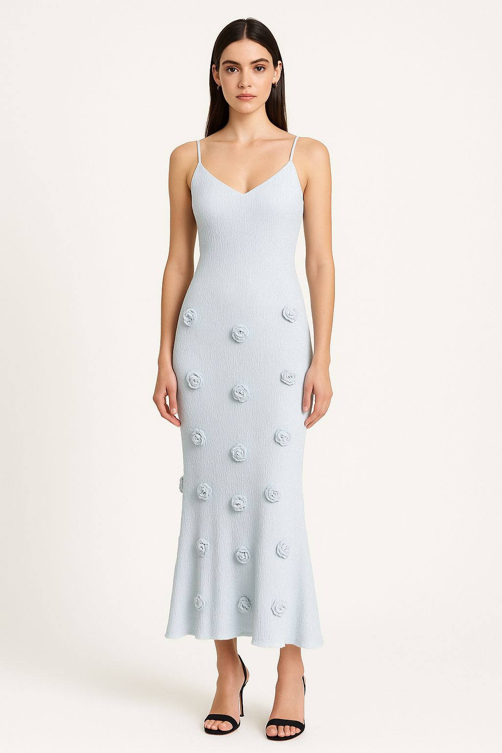 Jennifer | Elegantes Rückenauschnitt-Strickkleid mit 3D-Blumendesign