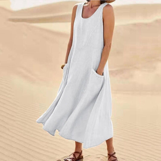 Isla | Elegantes Kleid aus Baumwolle-Leinen ohne Ärmel
