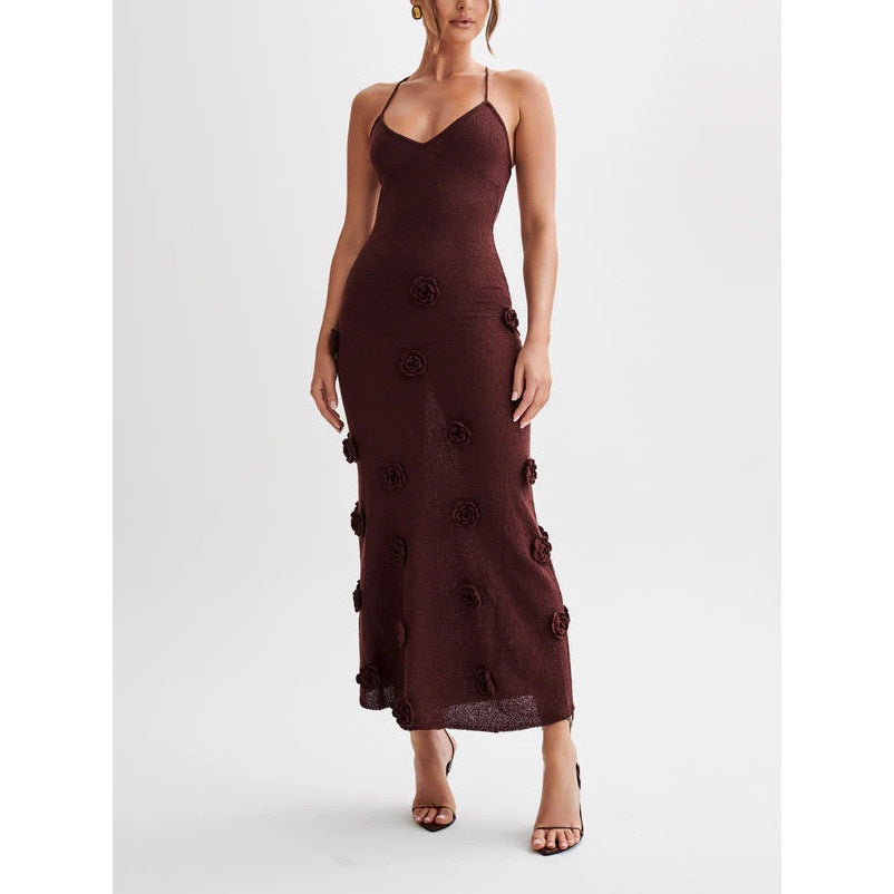 Jennifer | Elegantes Rückenauschnitt-Strickkleid mit 3D-Blumendesign