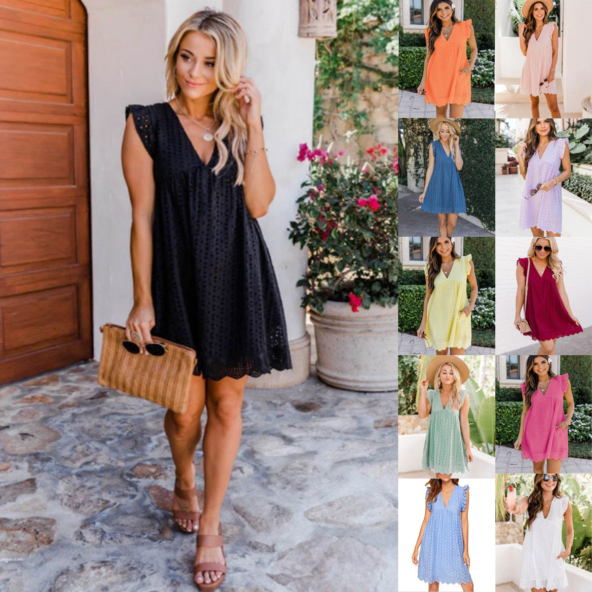 Jennifer | Elegantes Kleid mit V-Ausschnitt, ärmellos, aus Spitze mit Shorts
