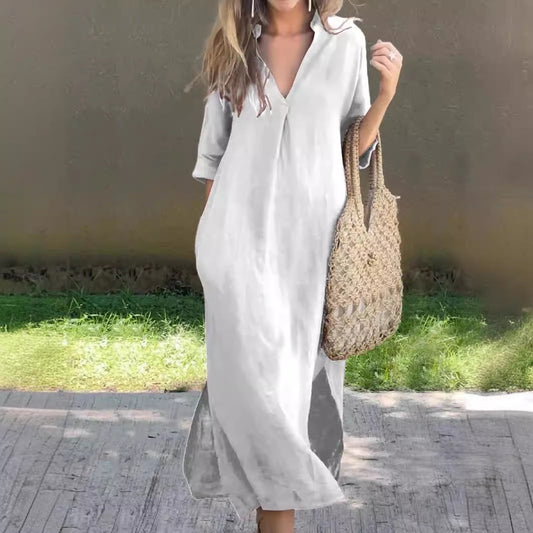 Eva | Elegantes Midi-Kleid mit gefaltetem V-Ausschnitt aus Baumwolle und Leinen