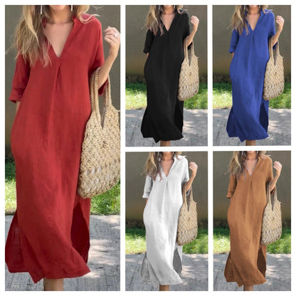 Eva | Elegantes Midi-Kleid mit gefaltetem V-Ausschnitt aus Baumwolle und Leinen