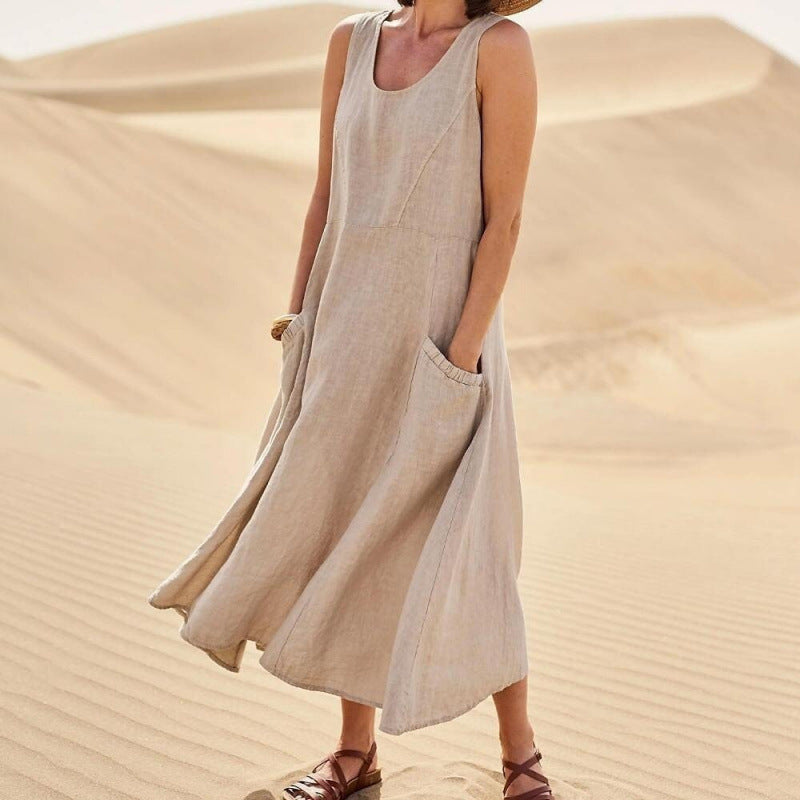Isla | Elegantes Kleid aus Baumwolle-Leinen ohne Ärmel