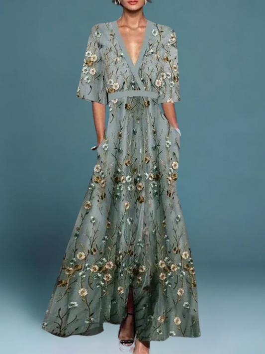 Hazel - Elegantes V-Ausschnitt Boho Kleid mit Gürtel