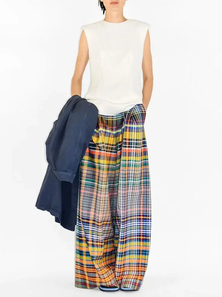 Mila | Elegante Oversized-Hochbund-Hosenträger mit Karomuster und weitem Bein