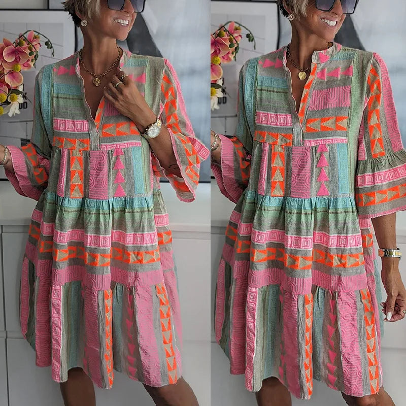 Ava - Schickes V-Ausschnitt Baumwolle-Hanf Sommerkleid