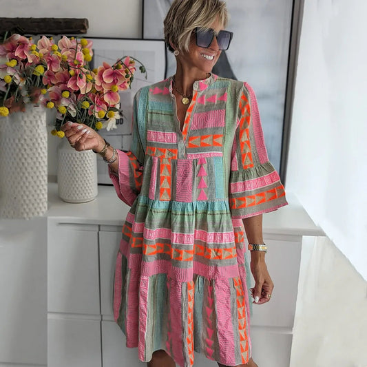 Ava - Schickes V-Ausschnitt Baumwolle-Hanf Sommerkleid