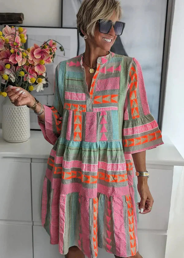 Ava - Schickes V-Ausschnitt Baumwoll-Hanf Sommerkleid