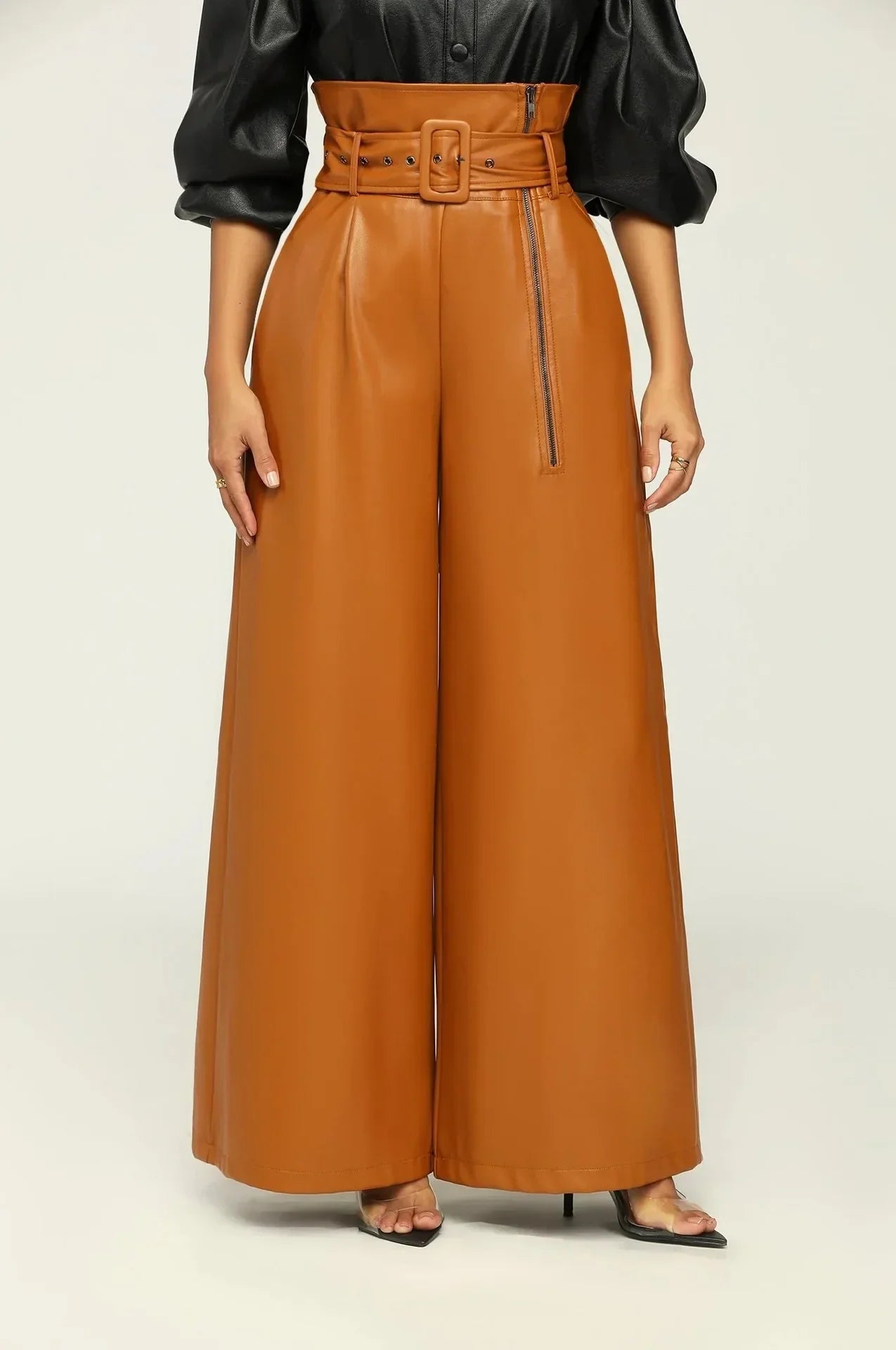 DILA |  Hohe Taille Hose mit Gürtel, seitlichem Reißverschluss